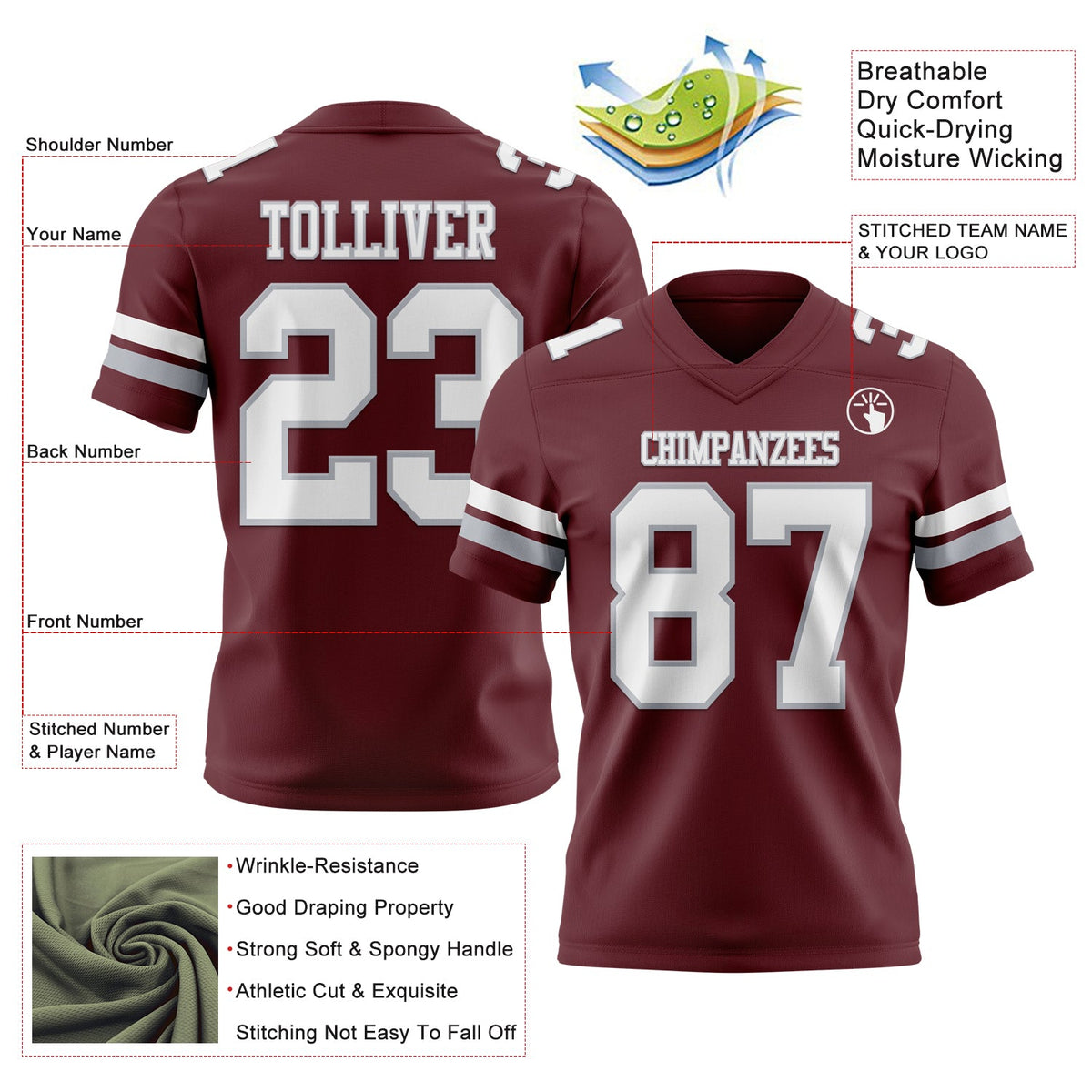 Custom Burgundy White-Gray Authentic Football Jersey - Front
