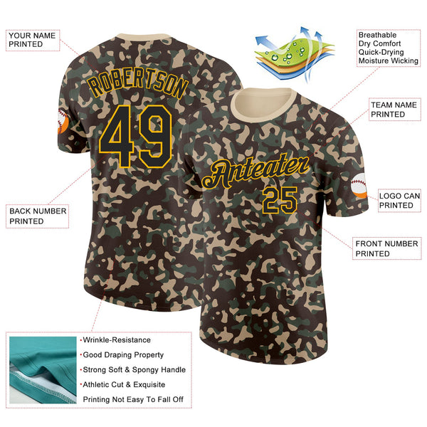 Custom Camo Black-Gold Woodland Forest Digital Camouflage Pixel Salute To Service Performance T-Shirt alternate