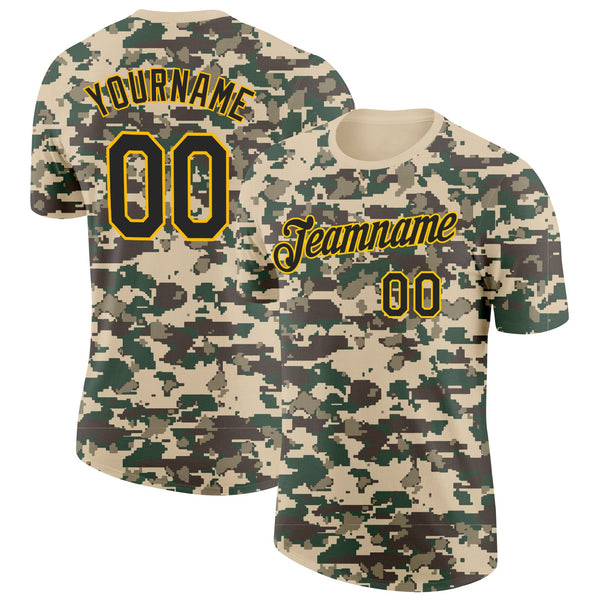 Custom Camo Black-Gold Woodland Forest Digital Camouflage Pixel Salute To Service Performance T-Shirt