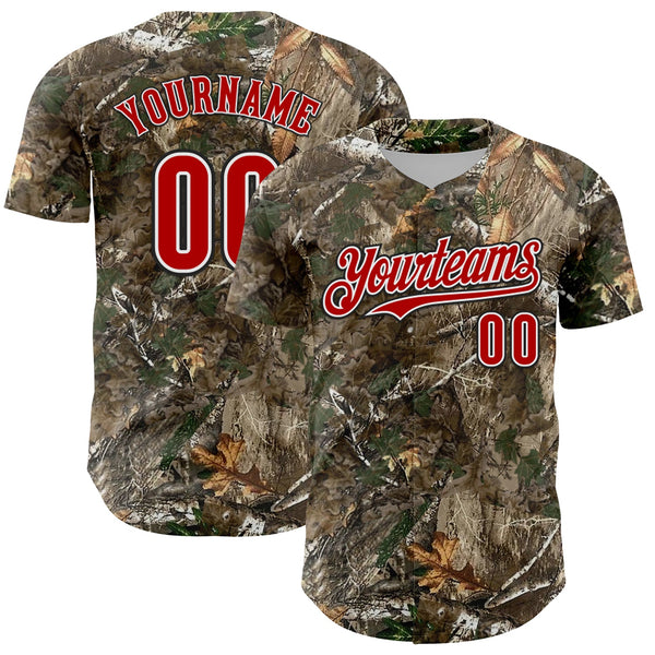 Custom Camo Red White-Black Woodland Forest Camouflage Authentic Salute To Service Baseball Jersey