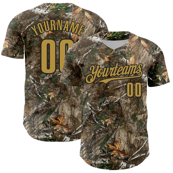 Custom Camo Old Gold-Black Woodland Forest Camouflage Authentic Salute To Service Baseball Jersey