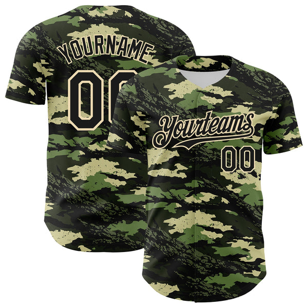 Custom Camo Black-Cream Woodland Forest Tactical Camouflage Outdoor Leaf Authentic Baseball Jersey