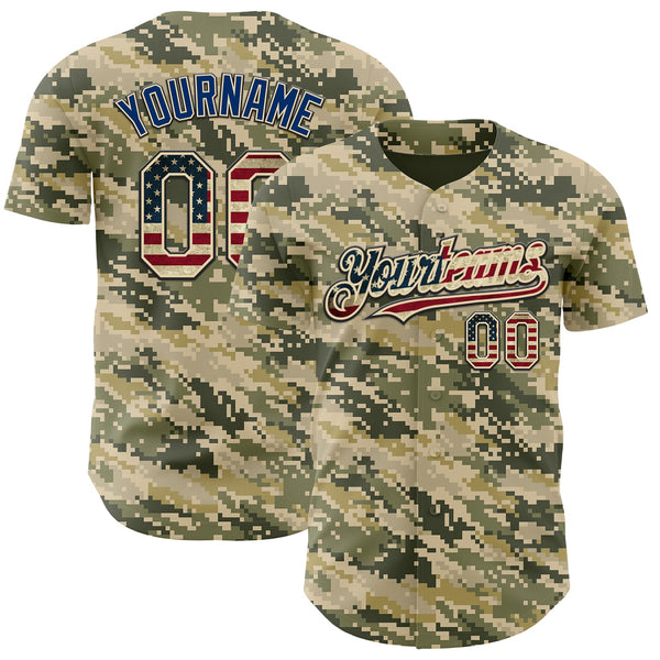 Custom Camo Vintage USA Flag Cream Black-US Navy Blue Digital Camouflage Authentic Baseball Jersey