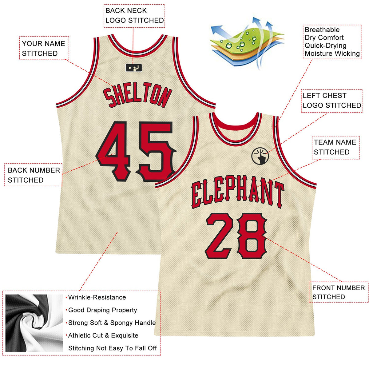 Custom Cream Red-Black Authentic Throwback Basketball Jersey - Back