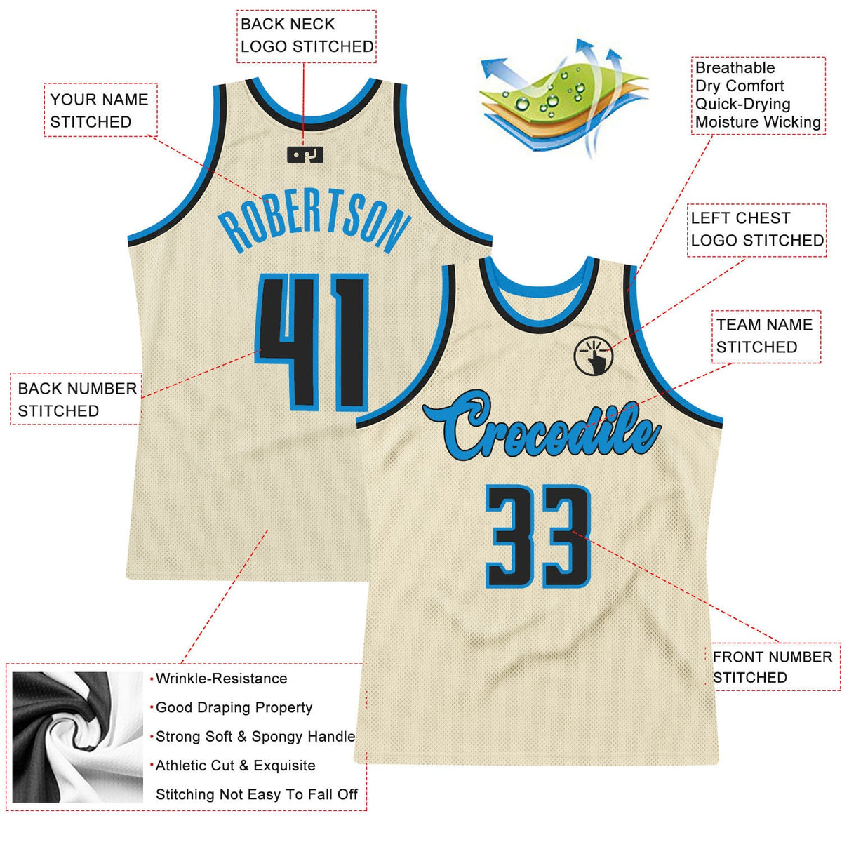 Custom Cream Black-Blue Authentic Throwback Basketball Jersey - Back