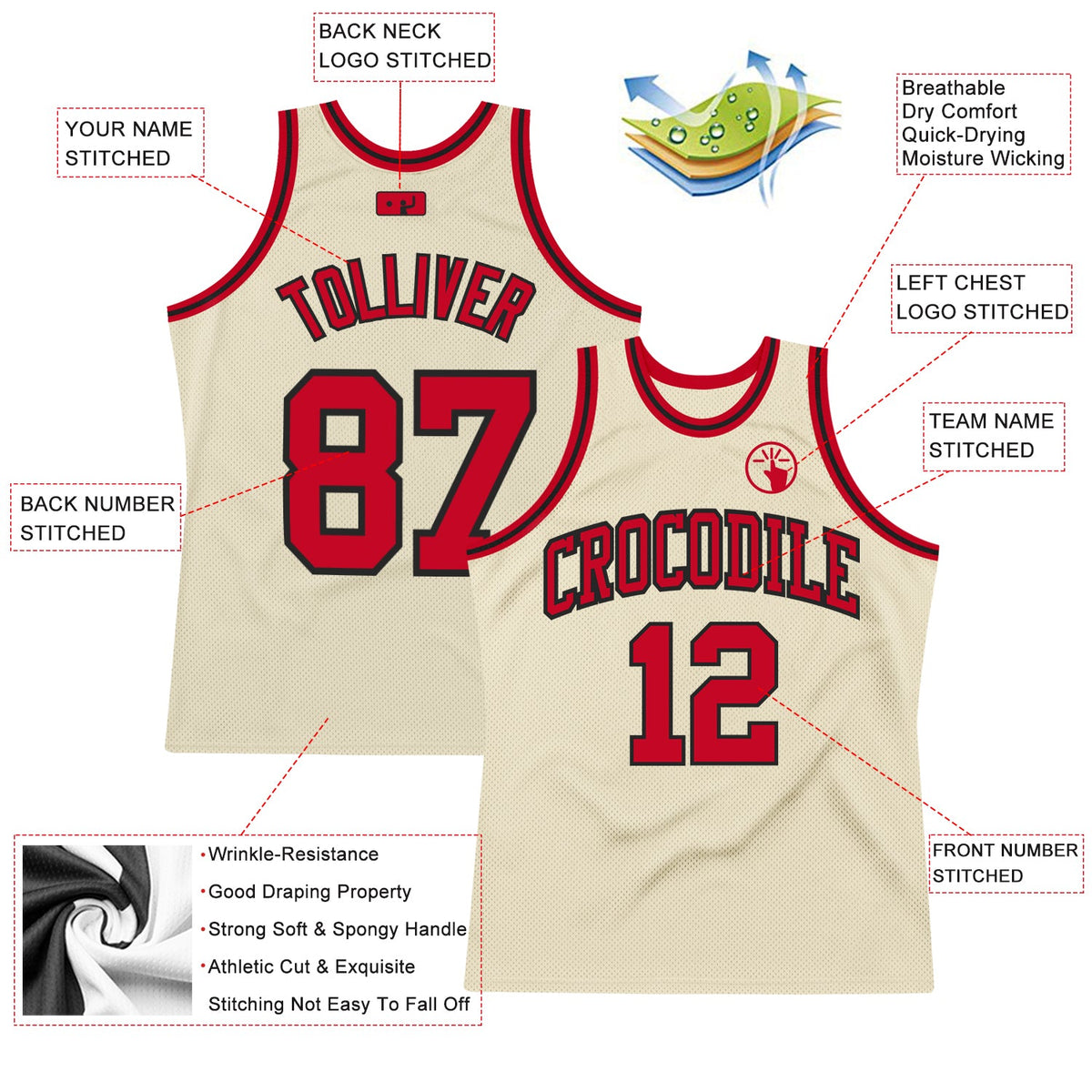 Custom Cream Red-Black Authentic Throwback Basketball Jersey - Back