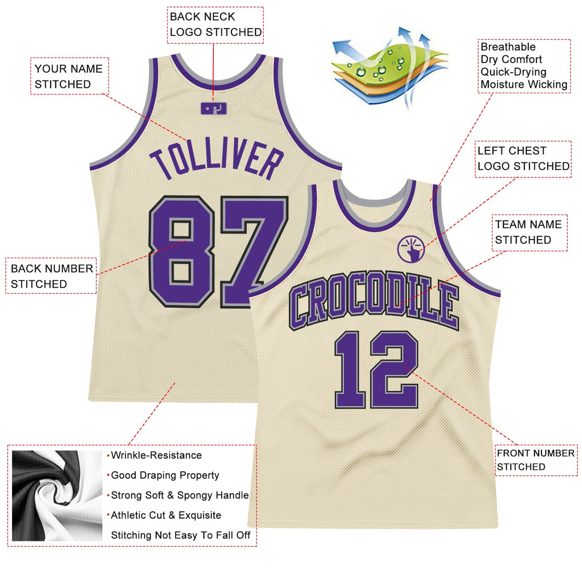 Custom Cream Purple-Gray Authentic Throwback Basketball Jersey - Back