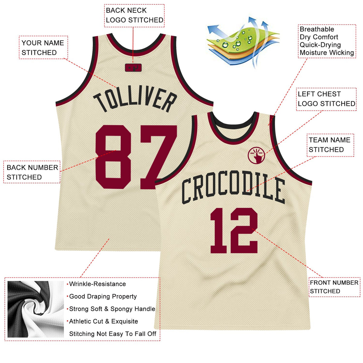 Custom Cream Maroon-Black Authentic Throwback Basketball Jersey - Back