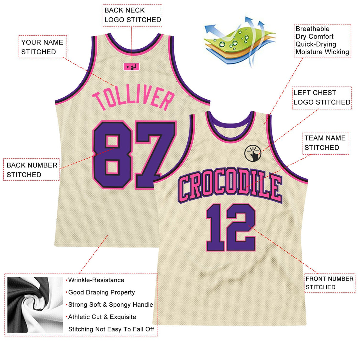 Custom Cream Purple Black-Pink Authentic Throwback Basketball Jersey - Back