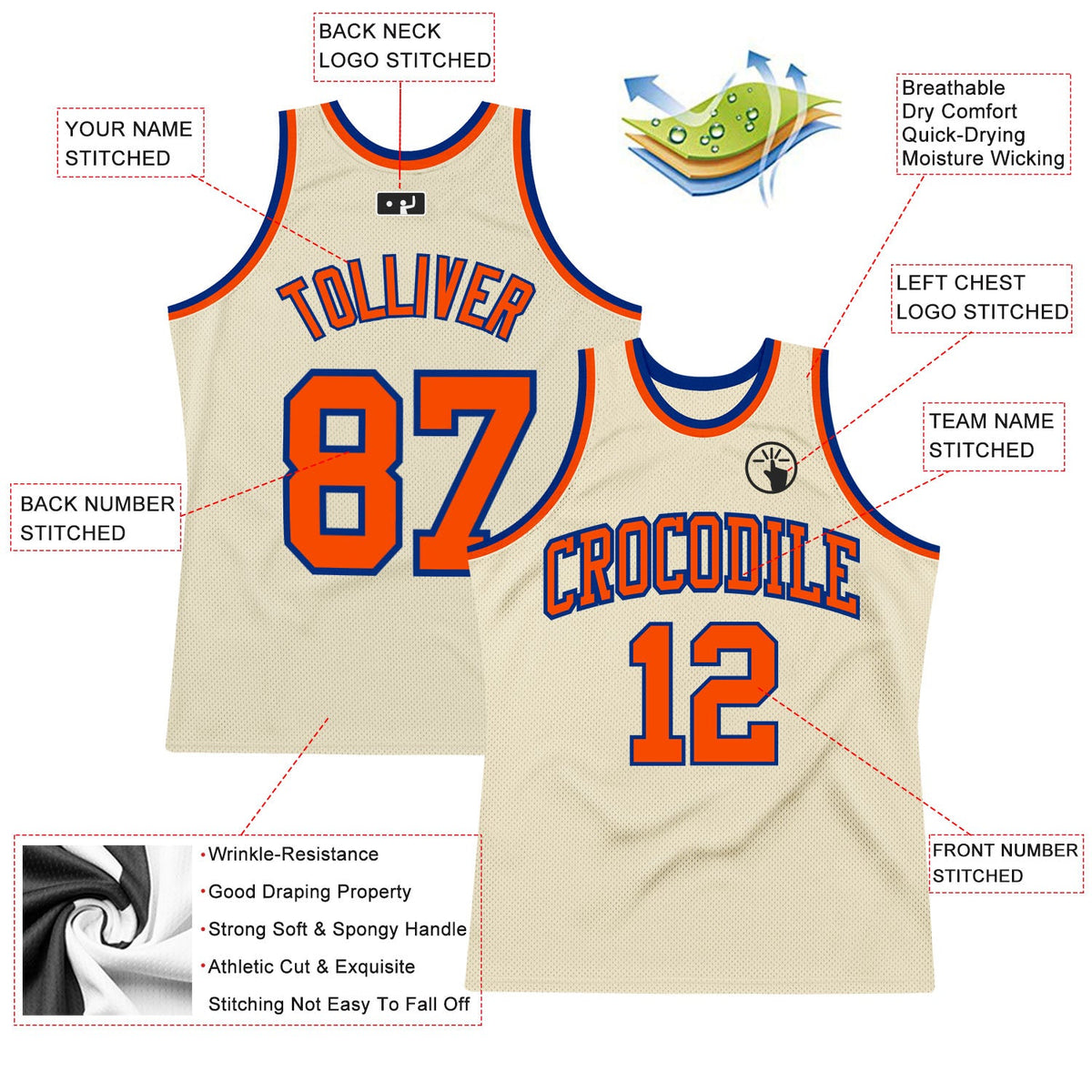 Custom Cream Orange-Royal Authentic Throwback Basketball Jersey - Back