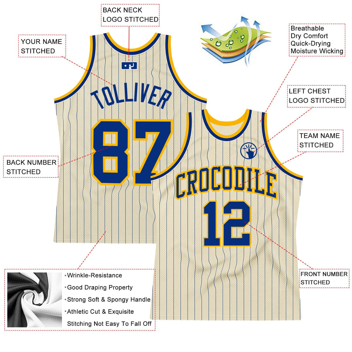 Custom Cream Royal Pinstripe Royal-Gold Authentic Basketball Jersey - Back
