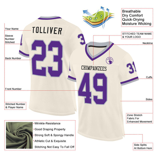 Custom Cream Purple-Gray Mesh Authentic Throwback Football Jersey alternate