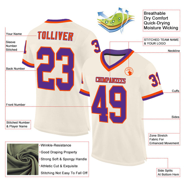 Custom Cream Purple-Orange Mesh Authentic Throwback Football Jersey alternate
