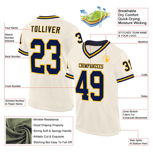 Custom Cream Navy-Gold Mesh Authentic Throwback Football Jersey alternate