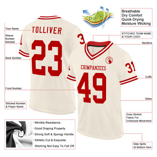 Custom Cream Red-White Mesh Authentic Throwback Football Jersey alternate