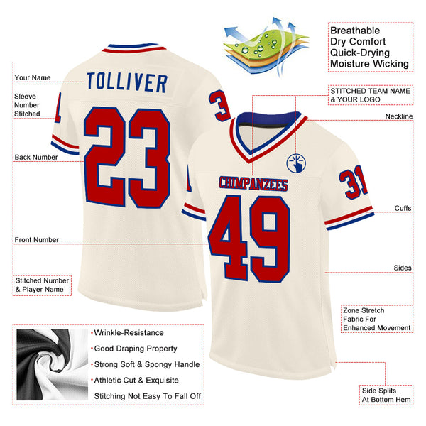 Custom Cream Red Royal-White Mesh Authentic Throwback Football Jersey alternate