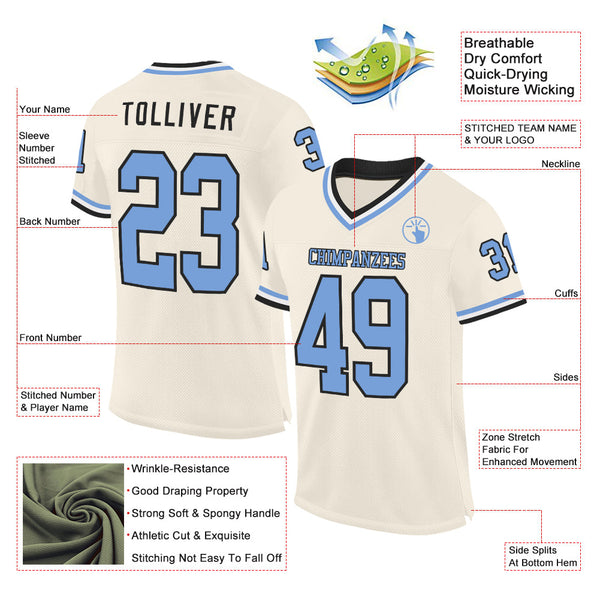 Custom Cream Light Blue Black-White Mesh Authentic Throwback Football Jersey alternate