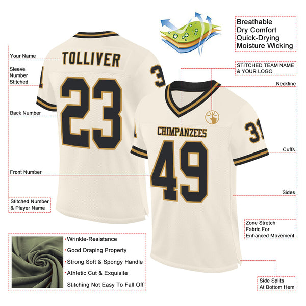Custom Cream Black-Old Gold Mesh Authentic Throwback Football Jersey alternate