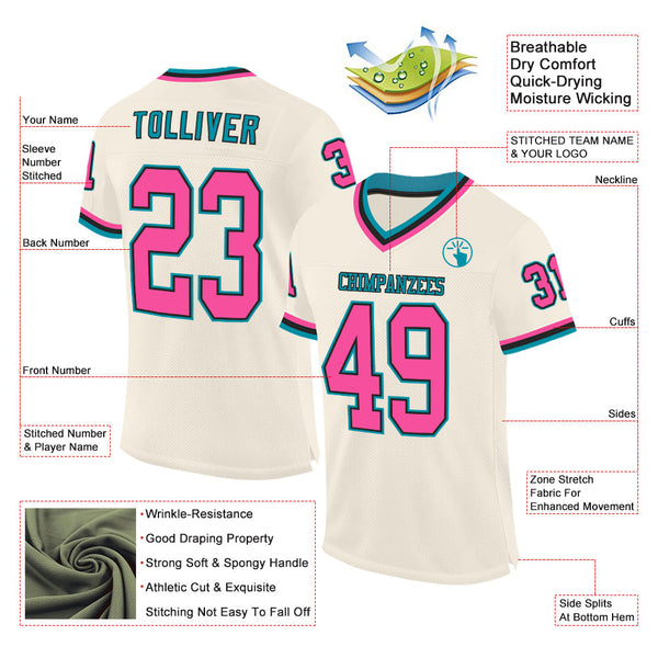 Custom Cream Pink Black-Teal Mesh Authentic Throwback Football Jersey alternate