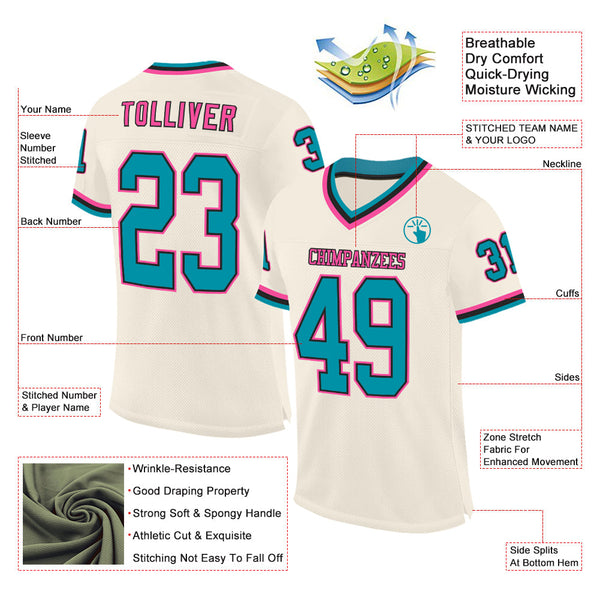 Custom Cream Teal Black-Pink Mesh Authentic Throwback Football Jersey alternate