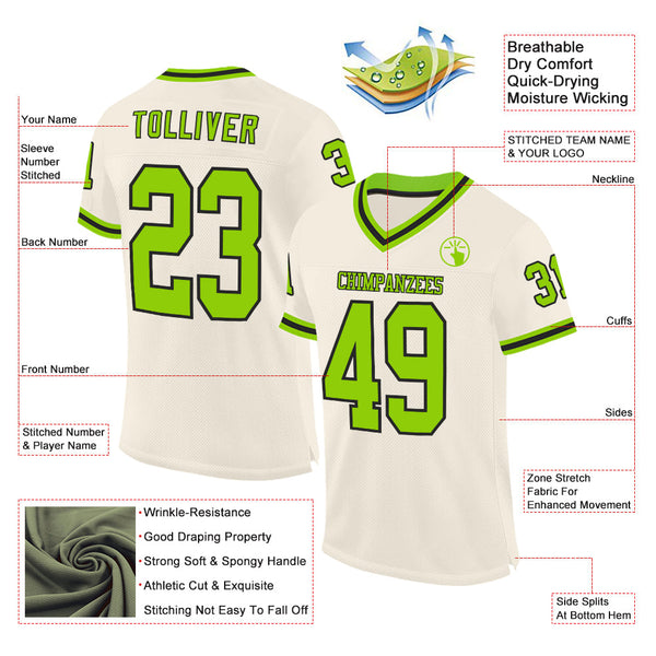 Custom Cream Neon Green-Black Mesh Authentic Throwback Football Jersey alternate