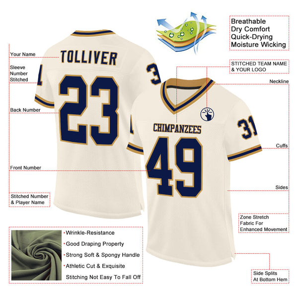 Custom Cream Navy-Old Gold Mesh Authentic Throwback Football Jersey alternate