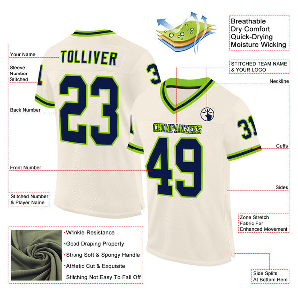 Custom Cream Navy-Neon Green Mesh Authentic Throwback Football Jersey alternate