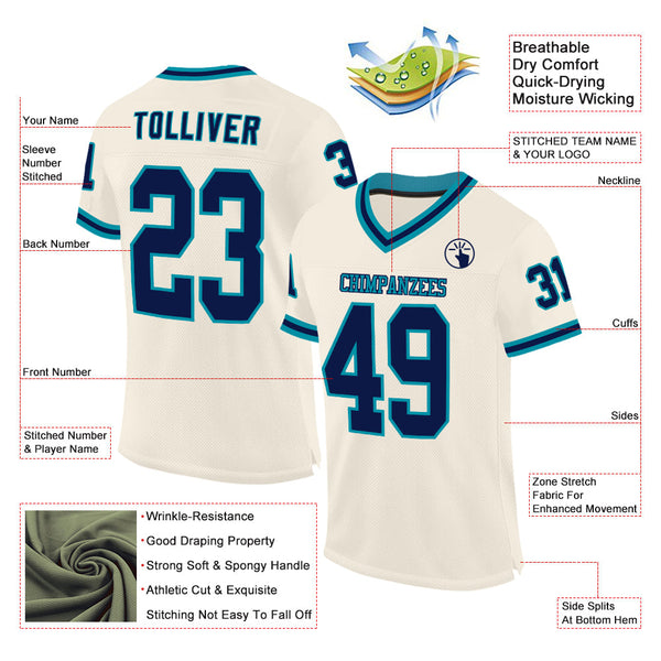 Custom Cream Navy-Teal Mesh Authentic Throwback Football Jersey alternate