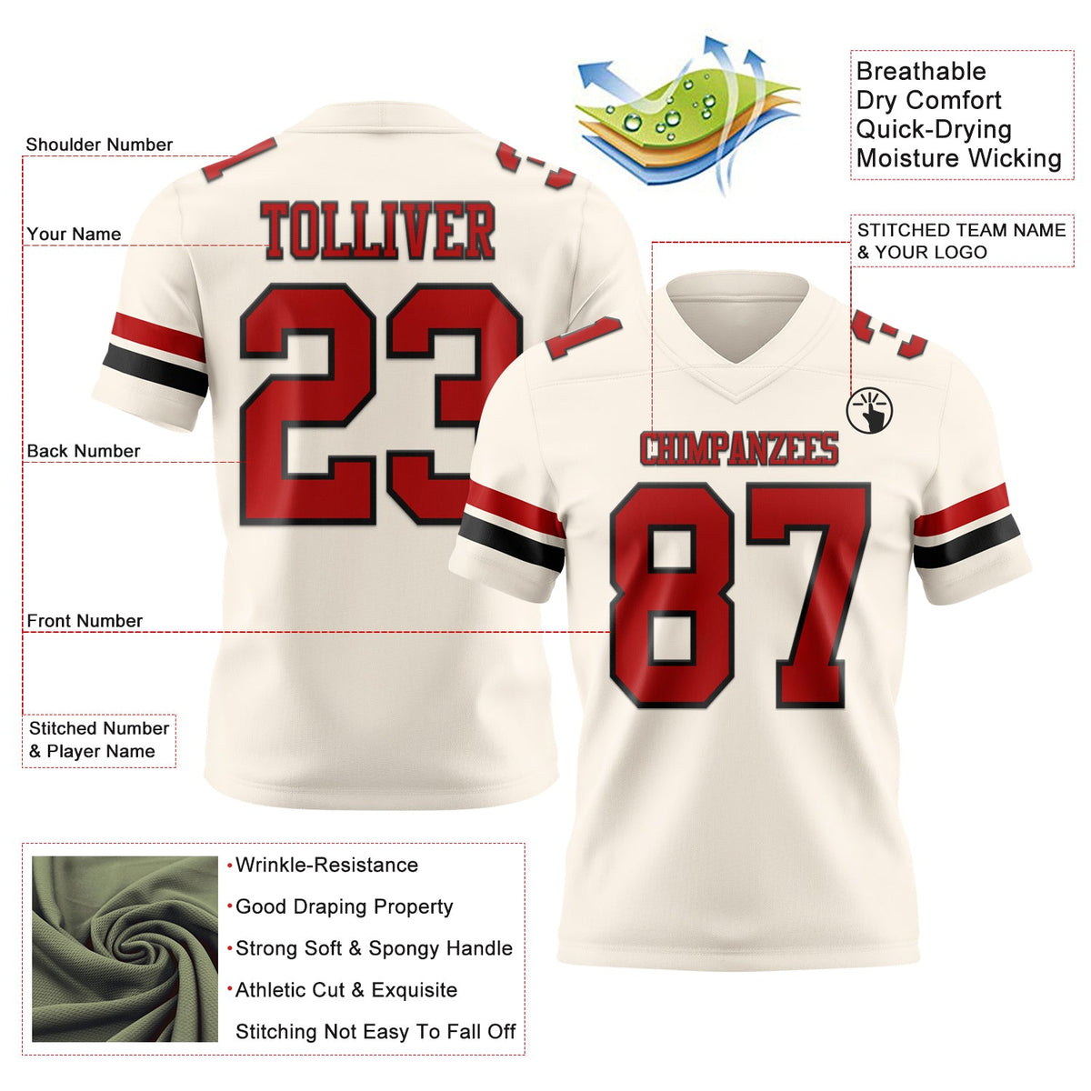 Custom Cream Red-Black Authentic Football Jersey - Front