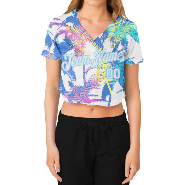 Custom Women's White White-Light Blue Hawaii Palm Trees 3D V-Neck Cropped Baseball Jersey alternate