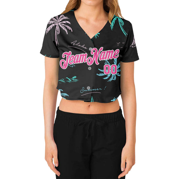 Custom Women's Black Pink-White Hawaii Palm Trees 3D V-Neck Cropped Baseball Jersey alternate