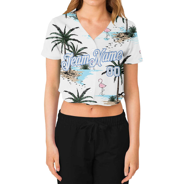 Custom Women's White White-Light Blue Hawaii Palm Trees 3D V-Neck Cropped Baseball Jersey alternate