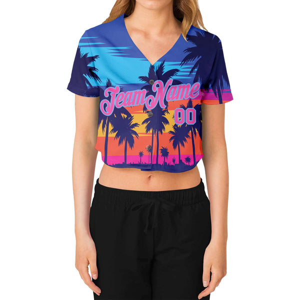 Custom Women's Royal Pink-Light Blue Hawaii Palm Trees 3D V-Neck Cropped Baseball Jersey alternate