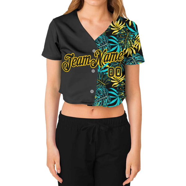 Custom Women's Black Black-Gold Tropical Palm Leaves 3D V-Neck Cropped Baseball Jersey alternate