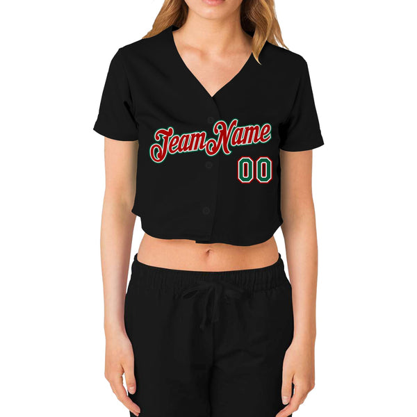 Custom Women's Black Kelly Green Red-White V-Neck Cropped Baseball Jersey alternate