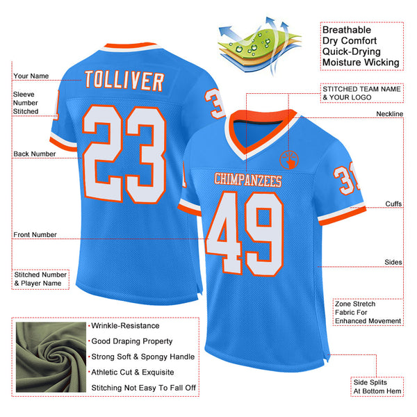Custom Powder Blue White-Orange Mesh Authentic Throwback Football Jersey alternate