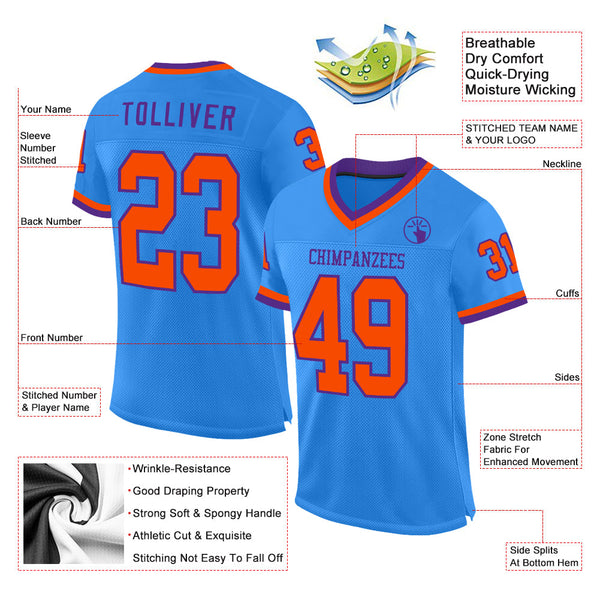 Custom Powder Blue Orange-Purple Mesh Authentic Throwback Football Jersey alternate