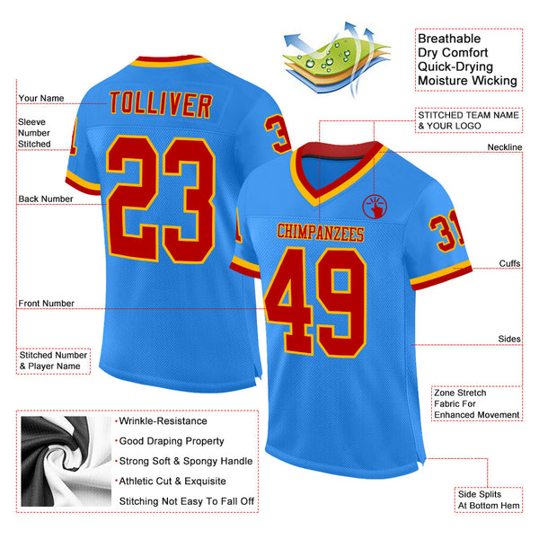 Custom Powder Blue Red-Gold Mesh Authentic Throwback Football Jersey alternate