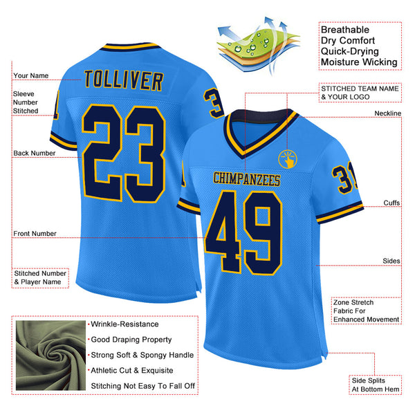 Custom Powder Blue Navy-Gold Mesh Authentic Throwback Football Jersey alternate