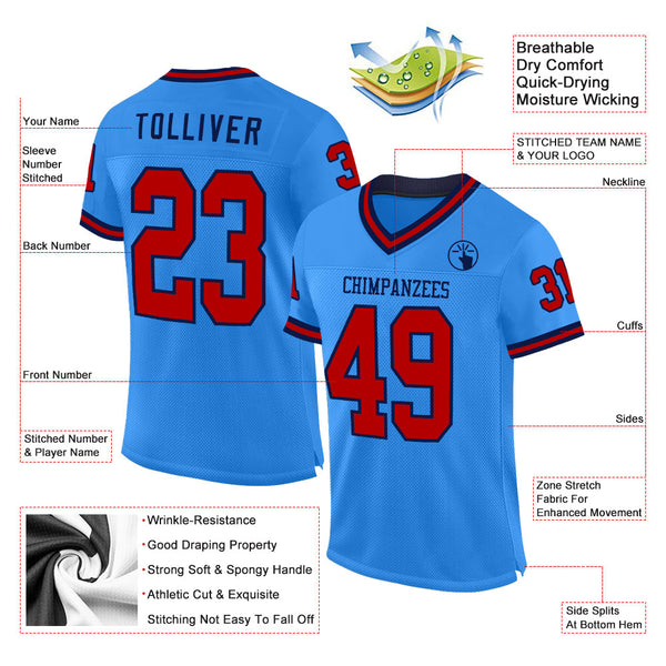 Custom Powder Blue Red-Navy Mesh Authentic Throwback Football Jersey alternate
