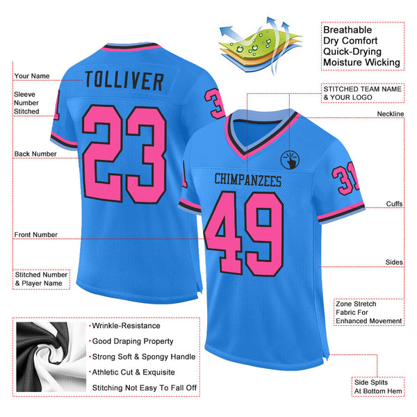 Custom Powder Blue Pink Black-Light Blue Mesh Authentic Throwback Football Jersey alternate