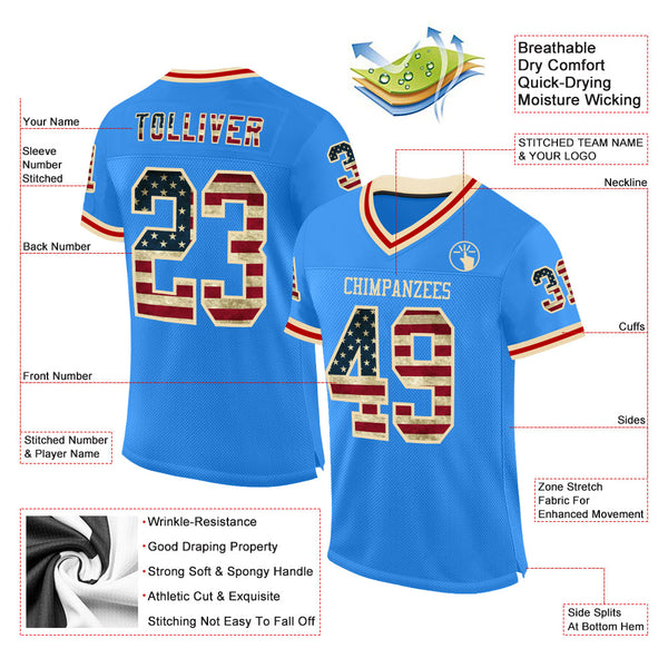 Custom Powder Blue Vintage USA Flag Cream-Red Mesh Authentic Throwback Football Jersey alternate