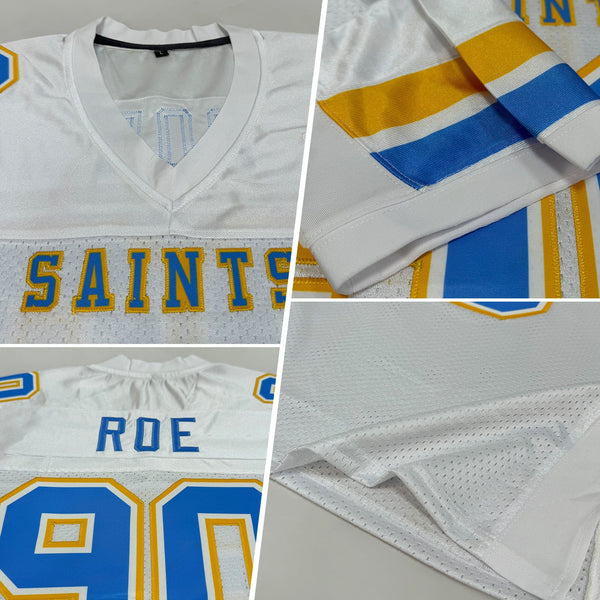 Custom White Light Blue-Gold Mesh Authentic Football Jersey alternate