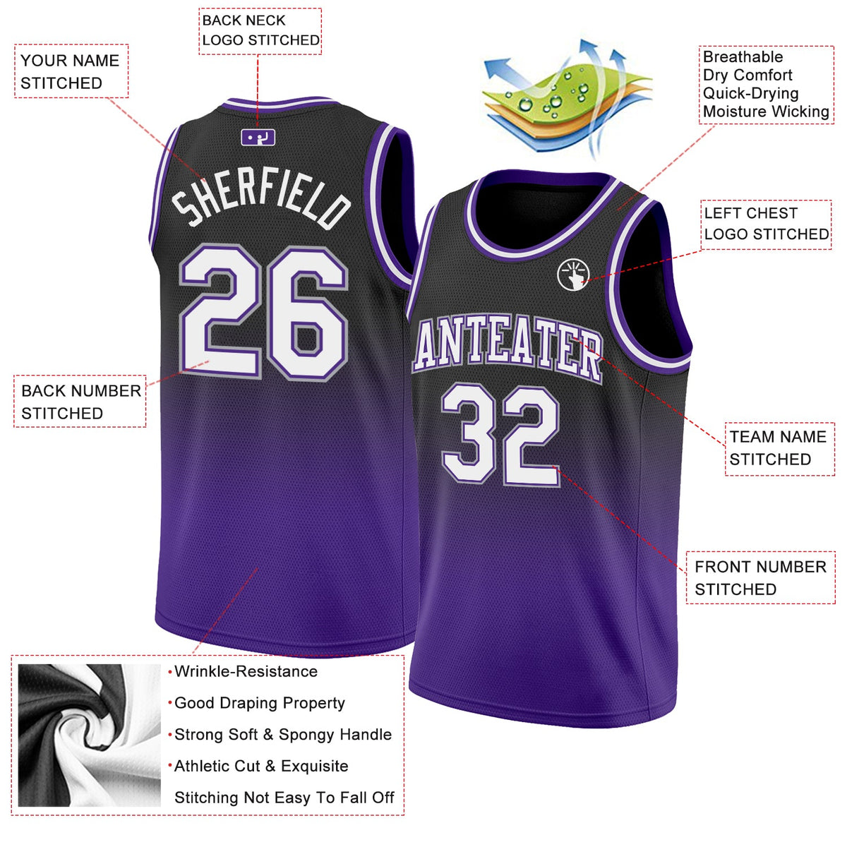 Custom Black White-Purple Authentic Fade Fashion Basketball Jersey - Back