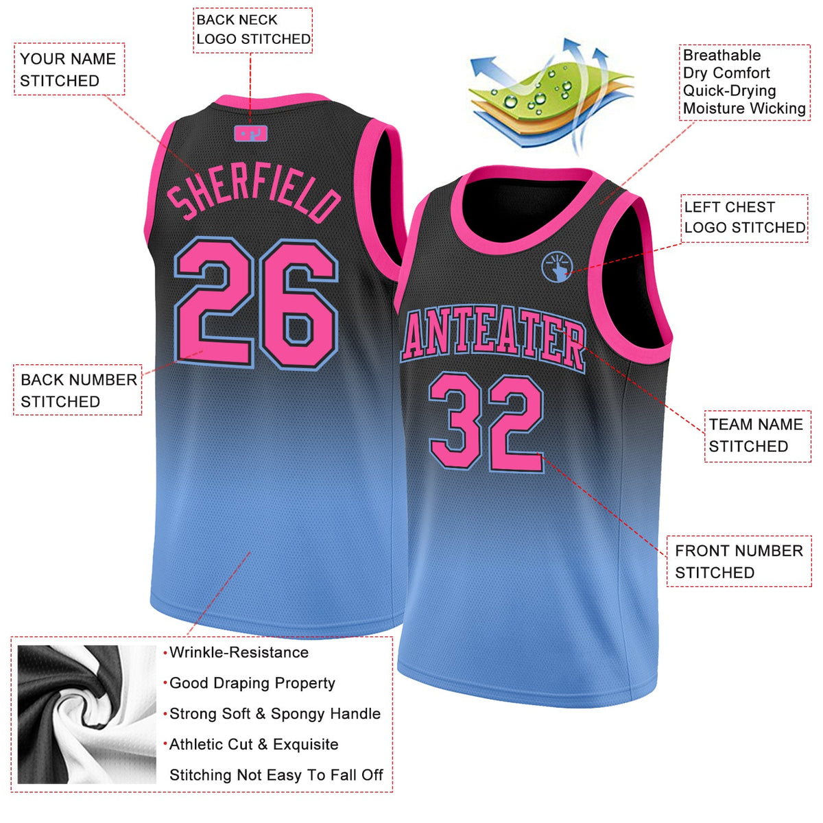 Custom Black Pink-Light Blue Authentic Fade Fashion Basketball Jersey - Back