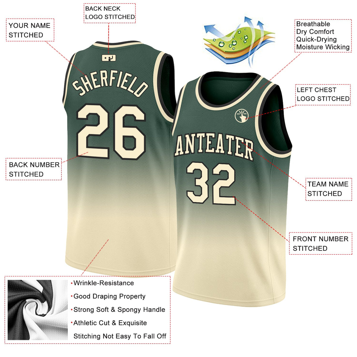 Custom Hunter Green Cream-Black Authentic Fade Fashion Basketball Jersey - Back