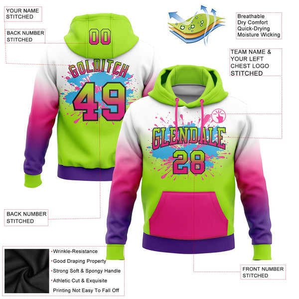 Custom Stitched White Neon Green Hot Pink Purple-Black Fade Fashion Splash Sports Pullover Sweatshirt Hoodie alternate