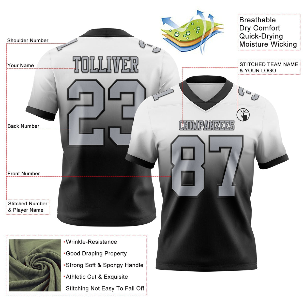 Custom White Gray-Black Authentic Fade Fashion Football Jersey - Back