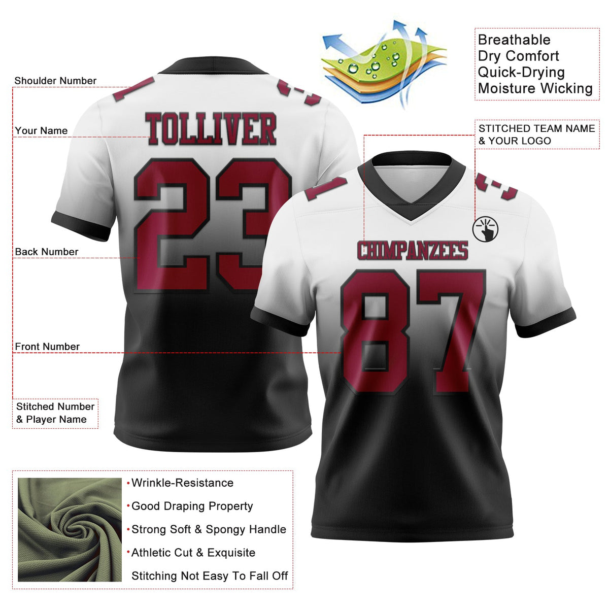 Custom White Maroon-Black Authentic Fade Fashion Football Jersey - Back