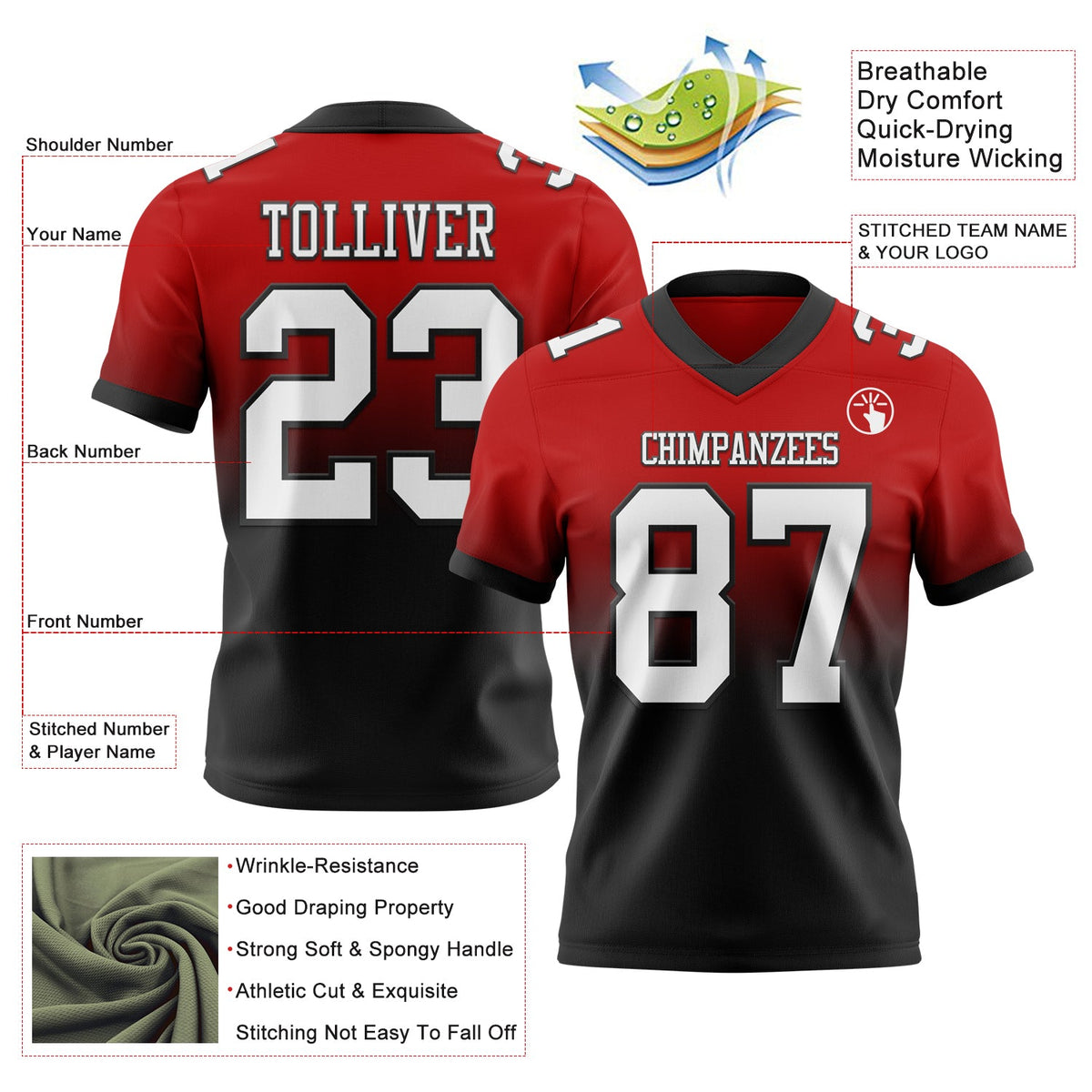 Custom Red White-Black Authentic Fade Fashion Football Jersey - Back